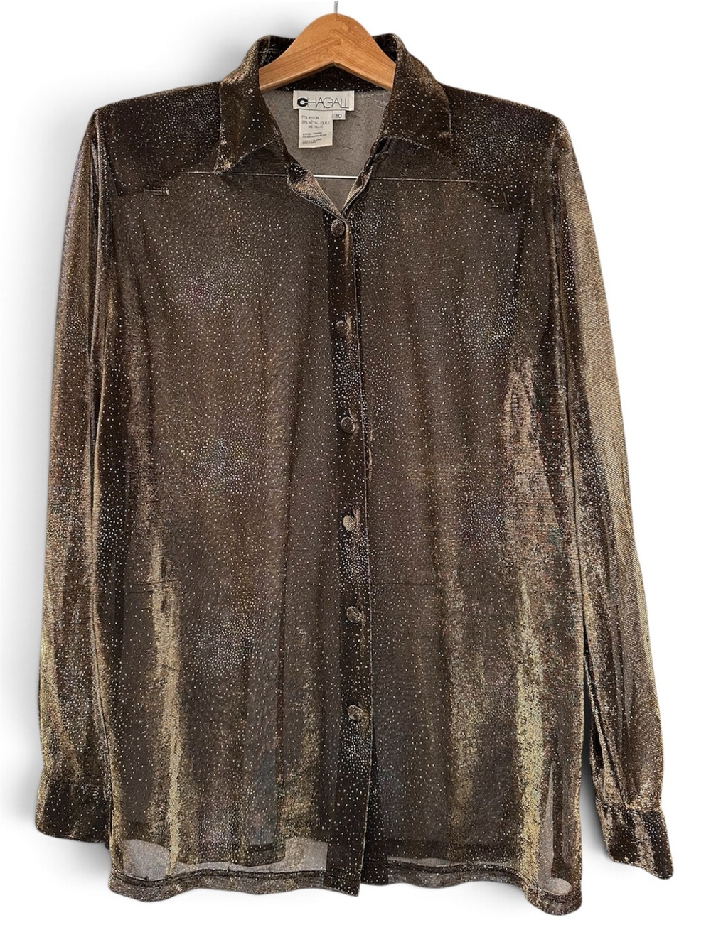 Womens Vintage Chagall Sheer Button-Down Shirt with Metallic Sheen